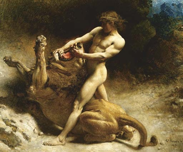 Samson-wrestling-with-the-lion-from-the-Bible-with-super-strength